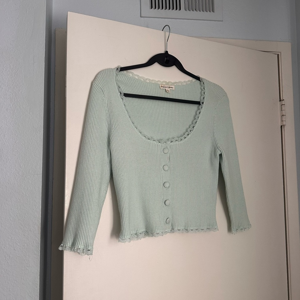 For Love & Lemons Mint Ribbed Button-Down Crop Top
